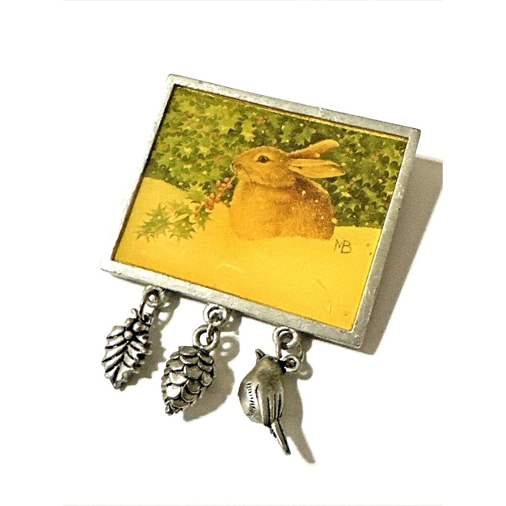 Vintage MARJOLEIN BASTIN Brooch Rabbit Holly Bush Nature Pewter Charms Signed